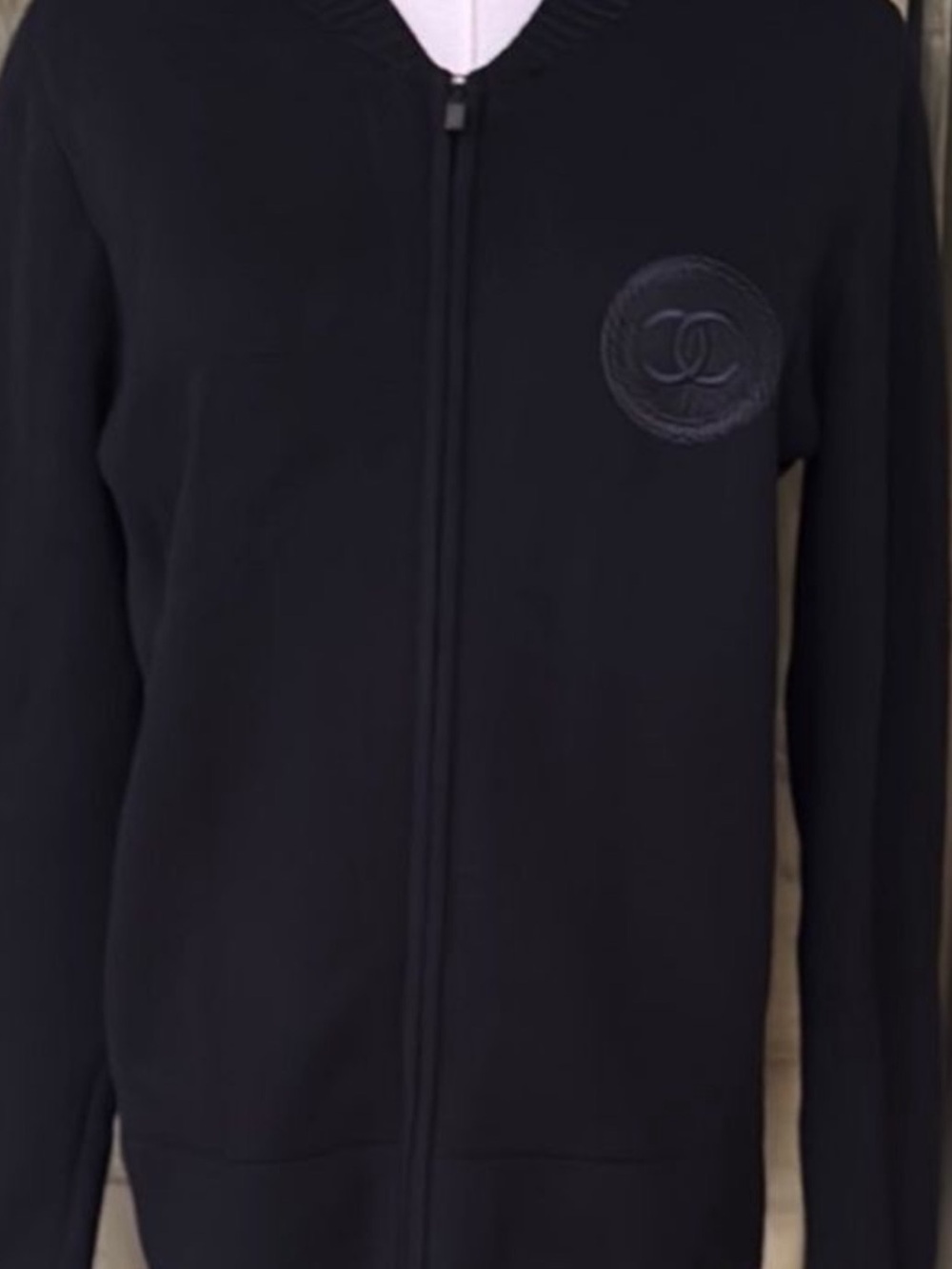 CHANEL Black Zippered Logo Knit Jacket
